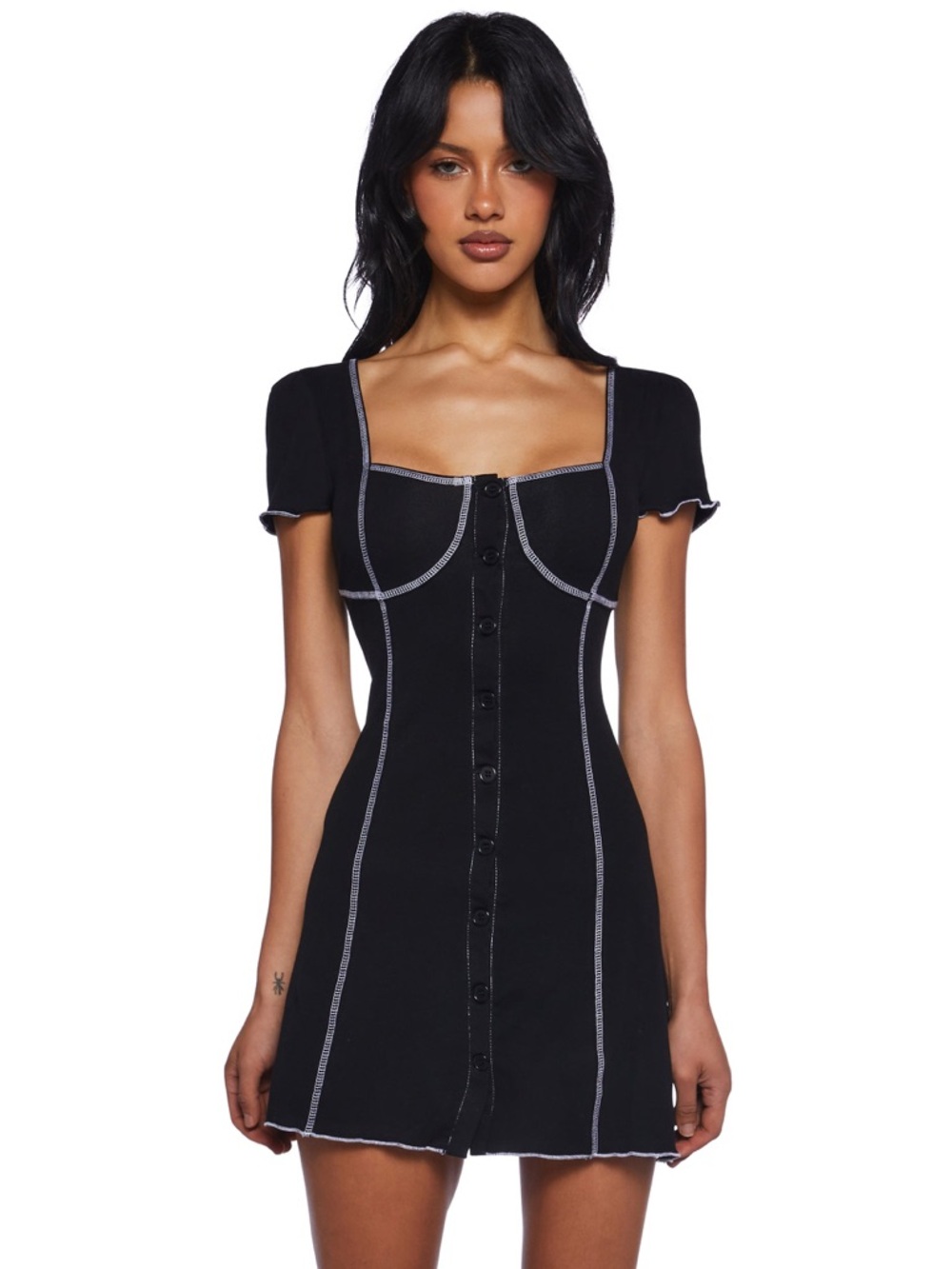 Current Mood DK Black Candid Encounters Mini Dress with Contrast Stitching